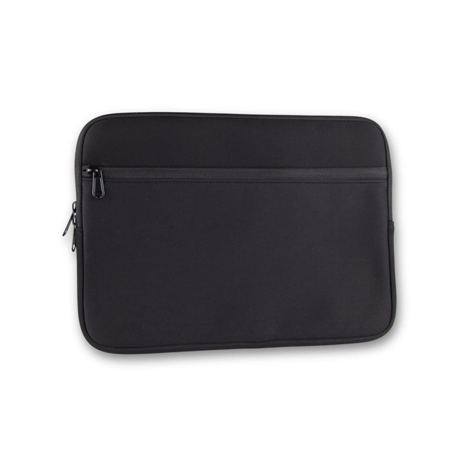 A black neoprene laptop sleeve with a zippered pocket. The sleeve fits a 14-inch laptop and features a logo.