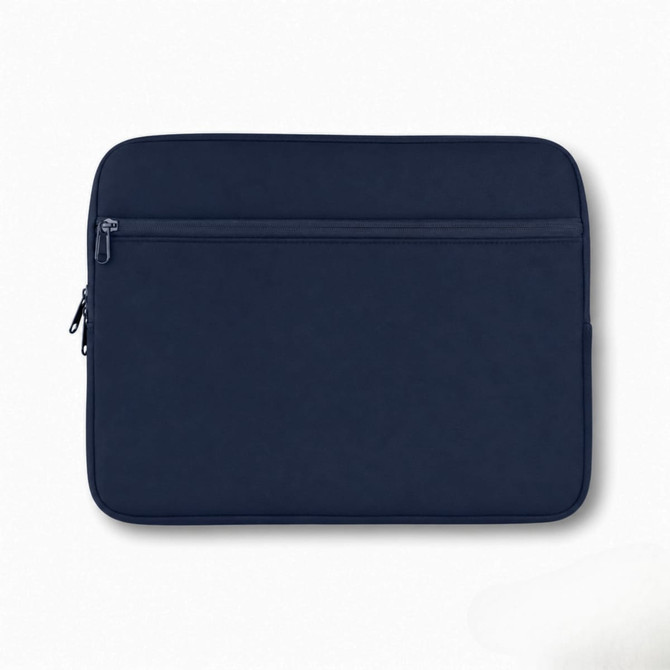 A navy neoprene laptop sleeve designed for a 16-inch laptop, featuring a zippered pocket and a subtle logo.
