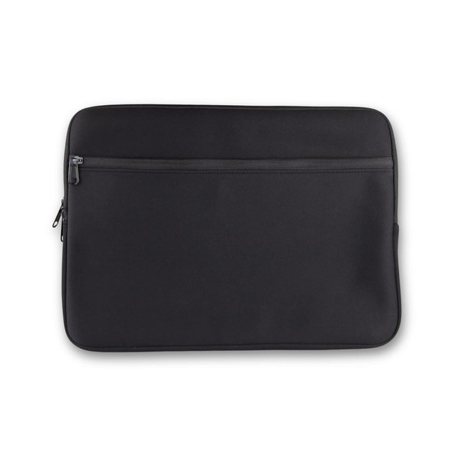 A black neoprene laptop sleeve with a front zip pocket, designed for 16-inch laptops.