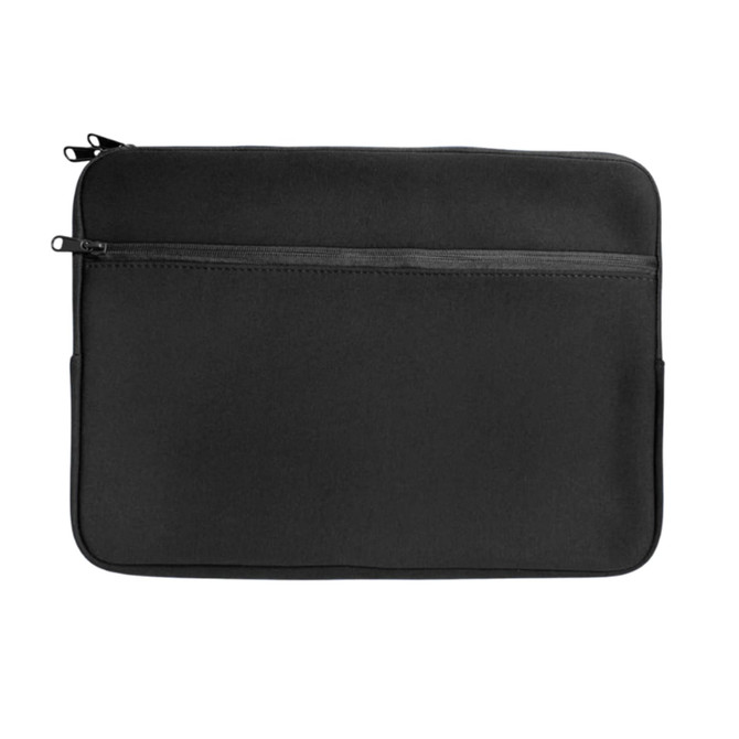 A black neoprene laptop sleeve with a zippered closure and a back pocket for extra storage.