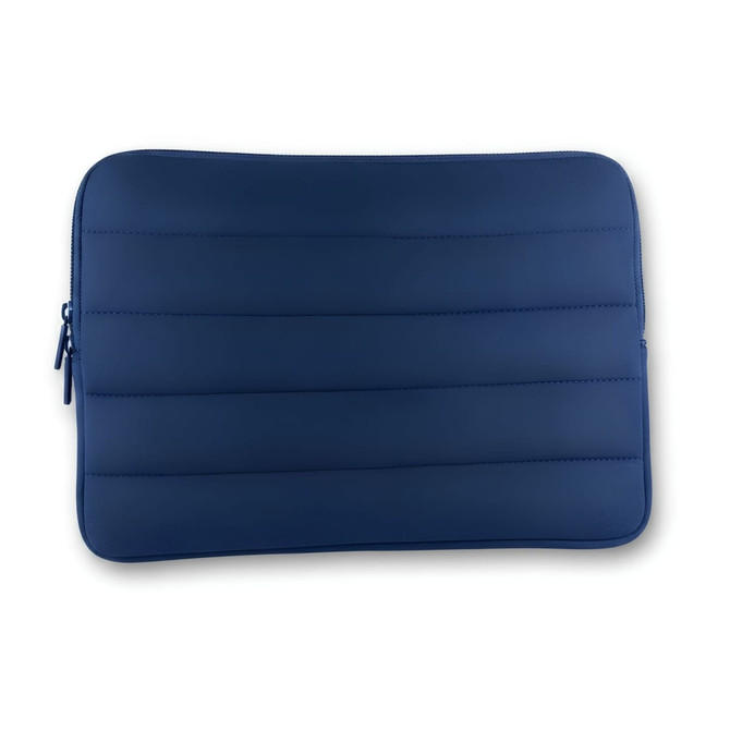 A navy blue neoprene laptop sleeve with a padded design and a zip closure.