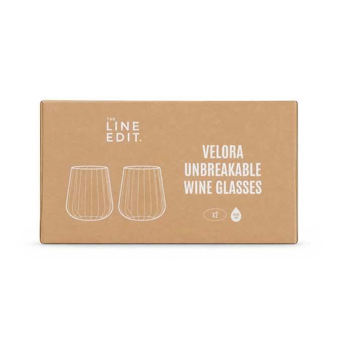 A gift set box containing two clear unbreakable wine glasses with a simple design, featuring a logo.