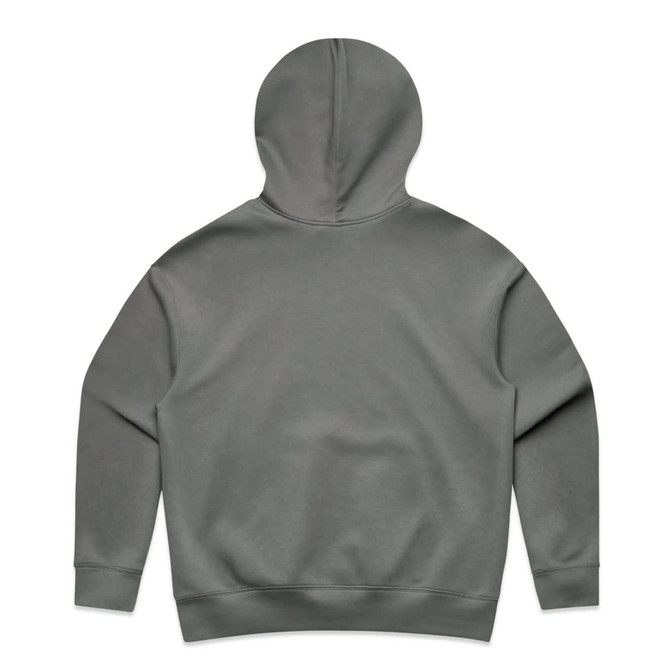 A grey hooded sweatshirt with a smooth back design and a hood. Features a small logo emblem.