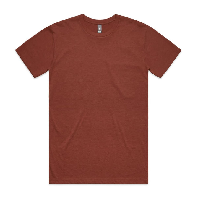 A marle tee in a rich terracotta colour, featuring short sleeves and a rounded neckline. It has a logo on the label.