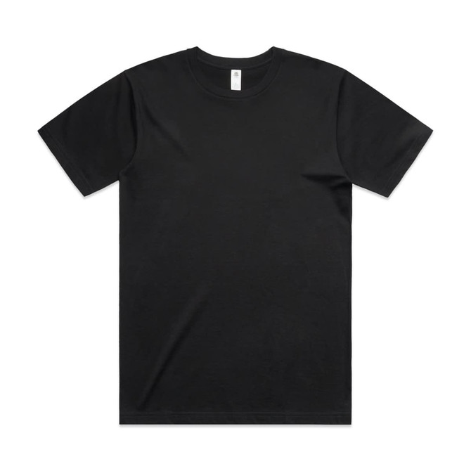 A black t-shirt with a regular fit, featuring a plain design and a tagless collar. It has a logo on the label.