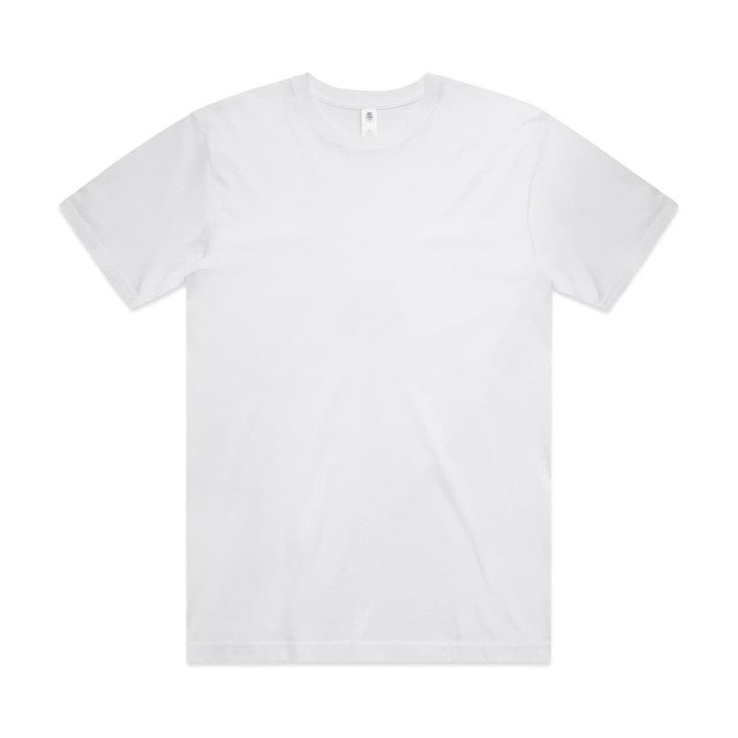 A plain white T-shirt with a crew neck and short sleeves, featuring a small logo on the label.
