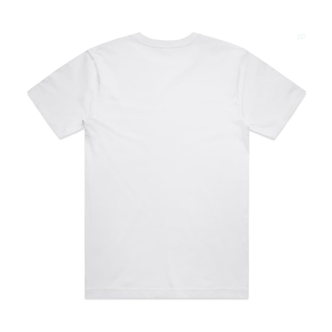 A white t-shirt with a round neckline and short sleeves, featuring a logo on the back.