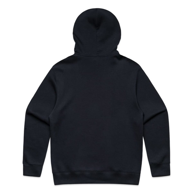 A navy hoodie featuring a large hood and long sleeves. The back is plain without any additional details.