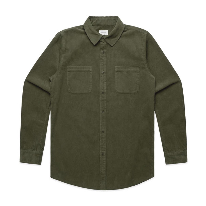A button-up shirt in a dark olive green colour featuring a collar and two front pockets.