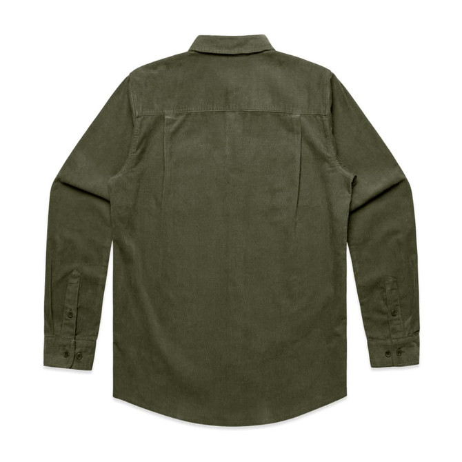 A cord shirt in olive green, featuring a collared neck and long sleeves. The back has a simple, clean design.