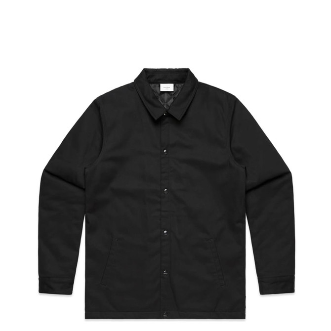 A black work jacket with a collared neck, button closure, and two front pockets. It features a logo on the label.