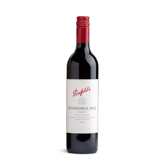 A drink bottle of Koonunga Hill Shiraz with a red cap, featuring a white label and a logo. The bottle is dark in colour.