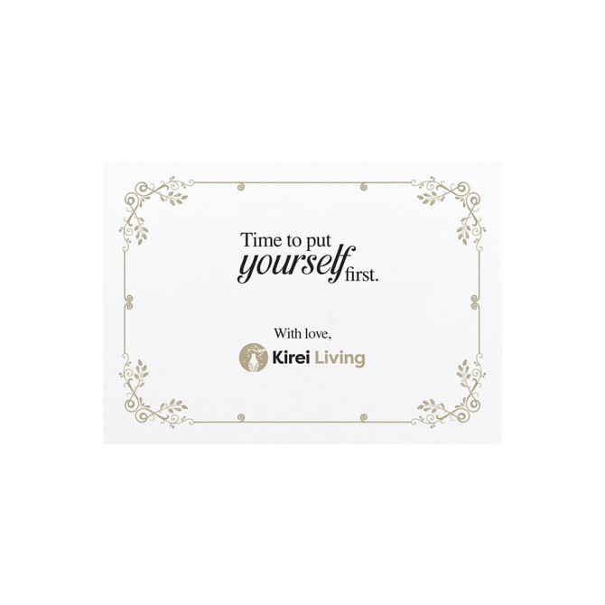 A decorative card featuring a quote about self-care, with elegant flourishes and a brand logo at the bottom.