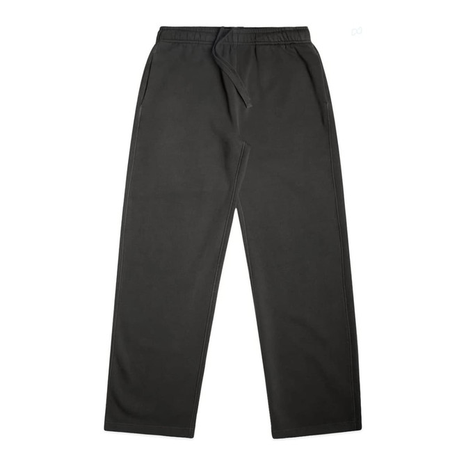 Cuffless track pants in a faded dark grey colour with an elastic waistband and pockets. Features a logo.