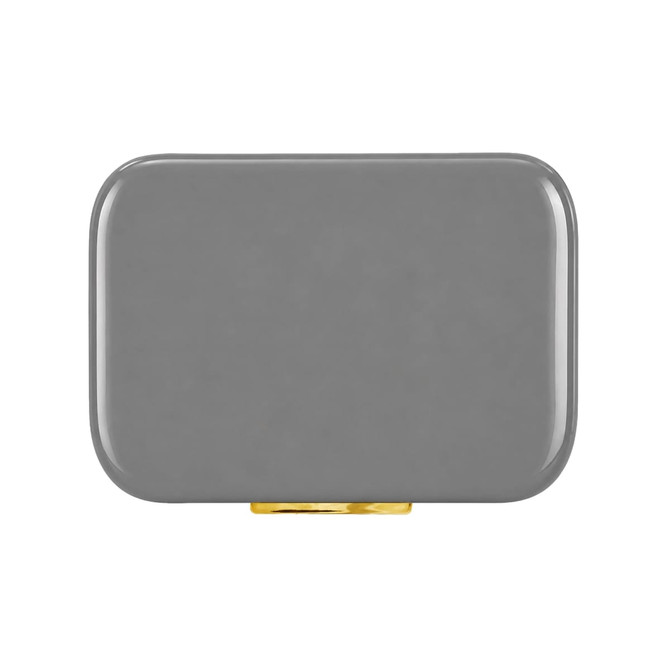 A grey cooler with a gold clasp, featuring a sleek, rectangular design and a glossy finish.