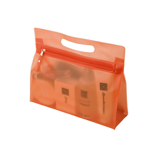 An orange PVC cosmetic bag with a zip, featuring various beauty products inside and a handle on top.
