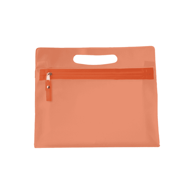 An orange PVC cosmetic bag with a zippered pocket and a handle on top. It also features branding.