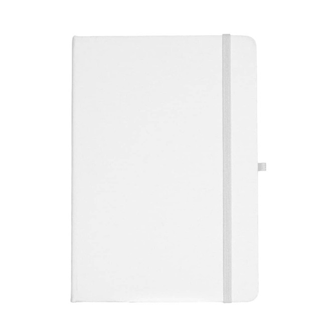 A white A5 journal with a grey elastic band, featuring a smooth cover and a logo.