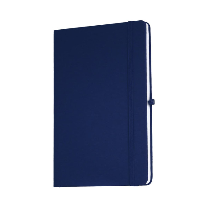 A navy blue A5 journal with a hardcover and an elastic band, featuring a logo on the front.