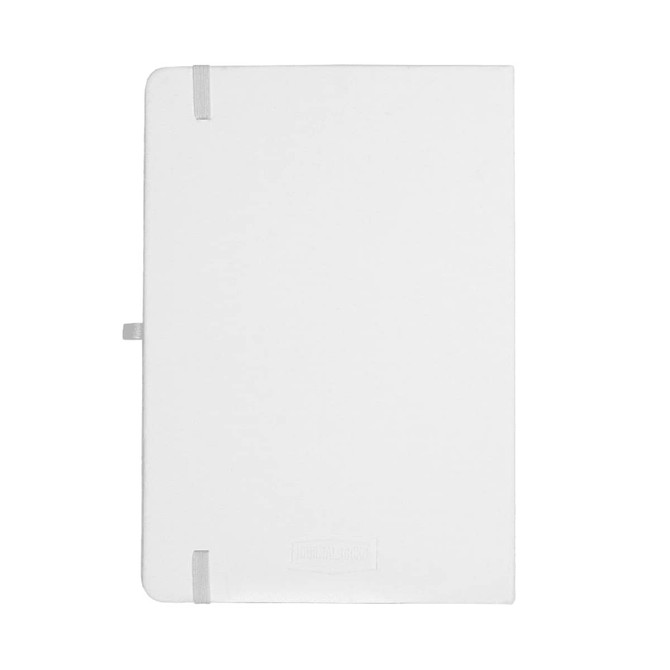 A recycled white A5 journal with a smooth cover and grey elastic closure, featuring a logo on the front.
