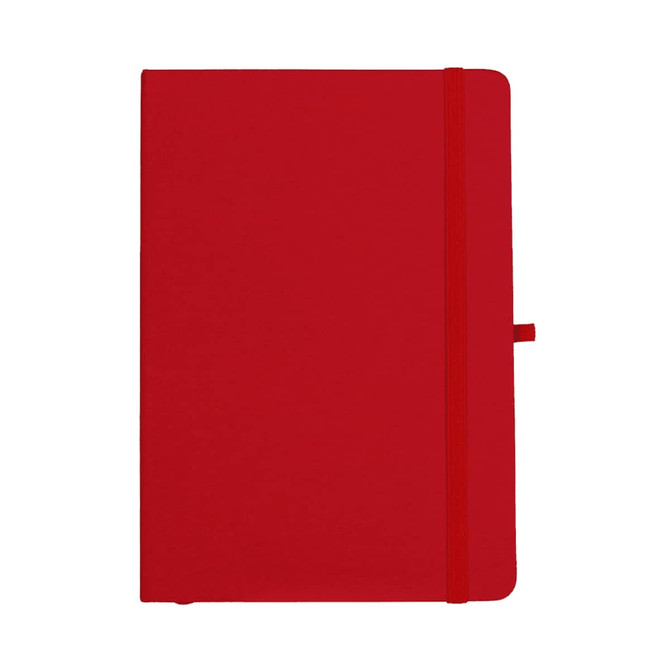 A red A5 journal with a matching elastic band closure and a bookmark, featuring a logo on the cover.