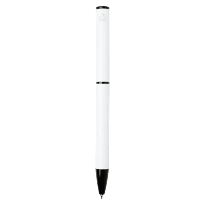 A white ballpoint pen with a black tip and a logo on its body. It features a twist mechanism for opening and closing.