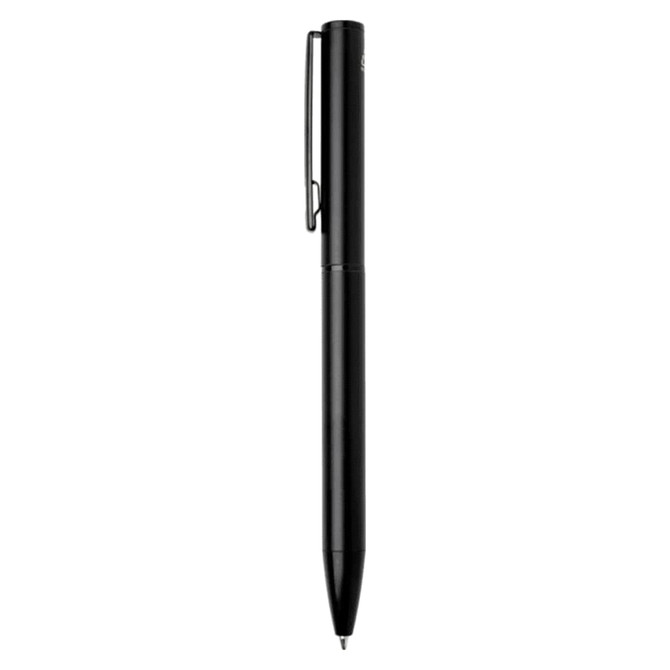 A black ballpoint pen made from recycled aluminium, featuring a sleek design and clip for easy attachment.