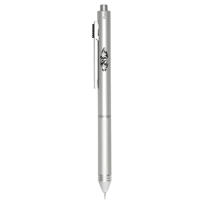 A stainless steel pen in silver featuring a textured grip and a logo on the side.