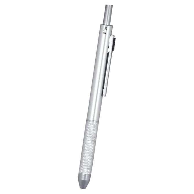 A silver recycled stainless steel pen with a textured grip and a clip, featuring a logo.