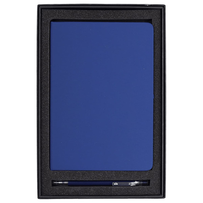 A blue recycled journal and pen gift set presented in a black box with foam cushioning. It features a logo.