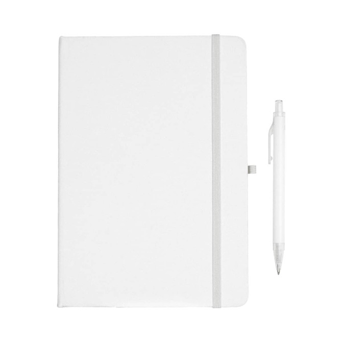A white journal with a matching pen beside it, featuring a sleek design and an included logo.