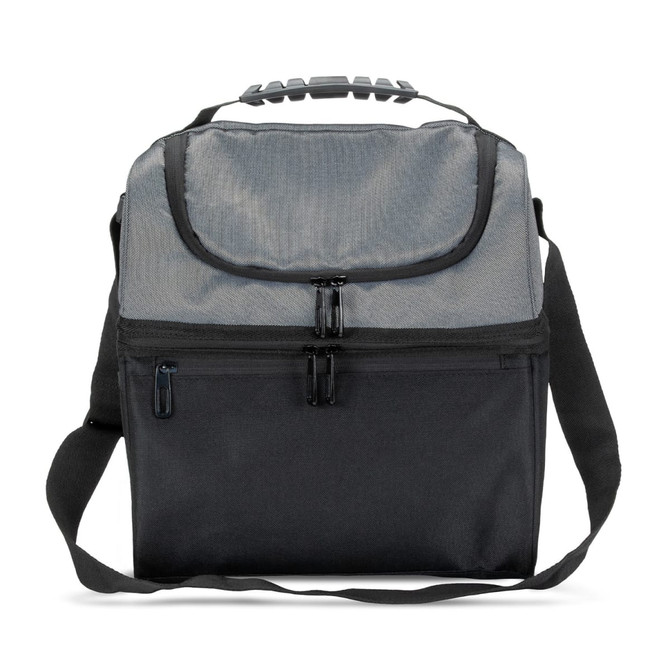 A grey and black cooler bag with a shoulder strap and zippered compartments. The bag features a logo on the front.