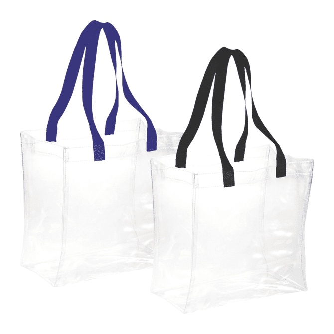 Clear stadium totes in two sizes featuring black and blue straps, suitable for carrying essentials.
