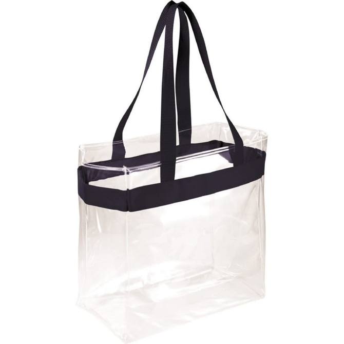 A clear tote bag with black handles, featuring a simple, unembellished design and an integrated logo.