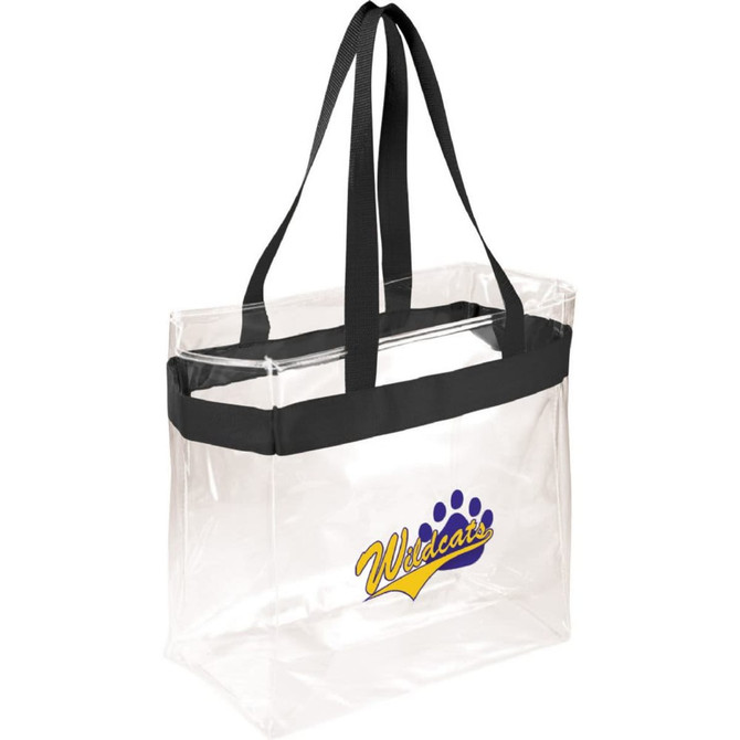 A clear tote bag with black handles and a logo featuring purple and yellow text. Suitable for stadium use.