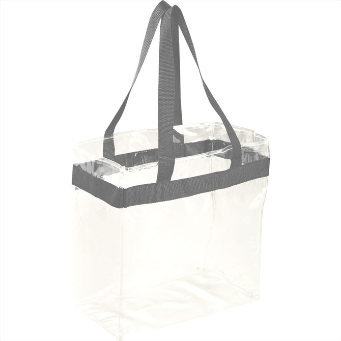 A clear tote bag with grey straps, featuring a simple design and a spacious interior. It has a logo on it.