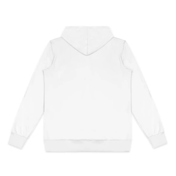 A white zipped hoodie featuring a hood and long sleeves, with a small logo on the back.