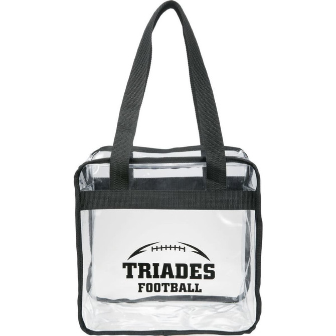 A clear zippered tote bag with black straps, featuring a football design and branding.
