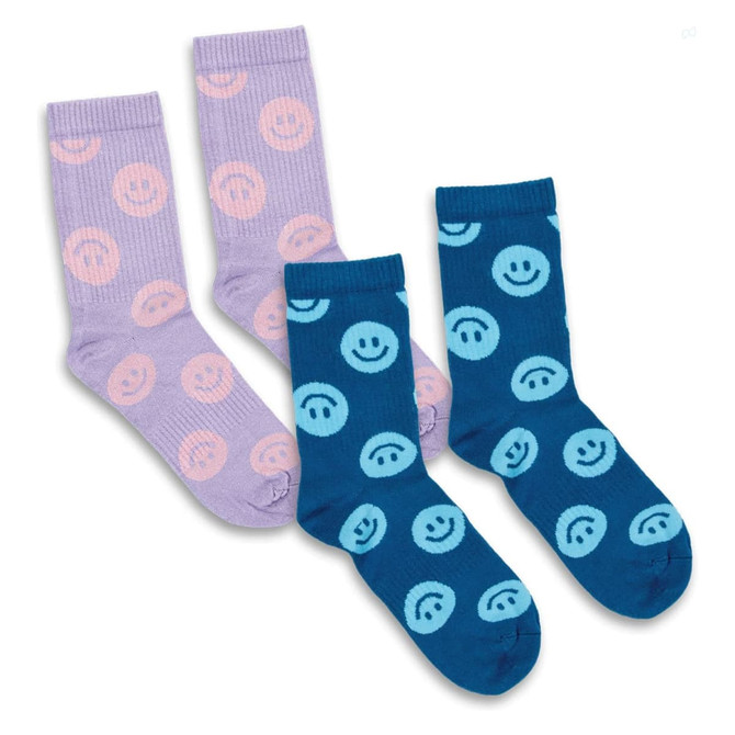 A set of two pairs of crew socks in lavender and teal, each featuring a smiley face pattern.