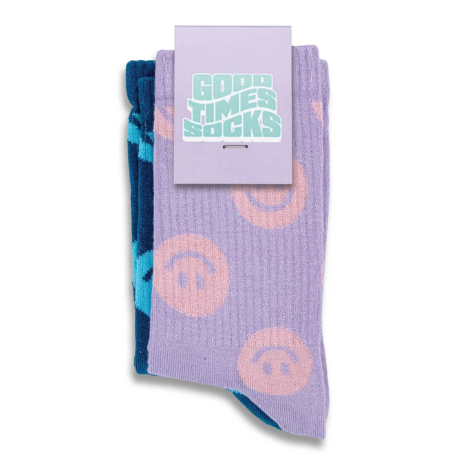 A pair of knitted bamboo crew socks in lavender and navy, featuring smiley face designs, with a tag on top.
