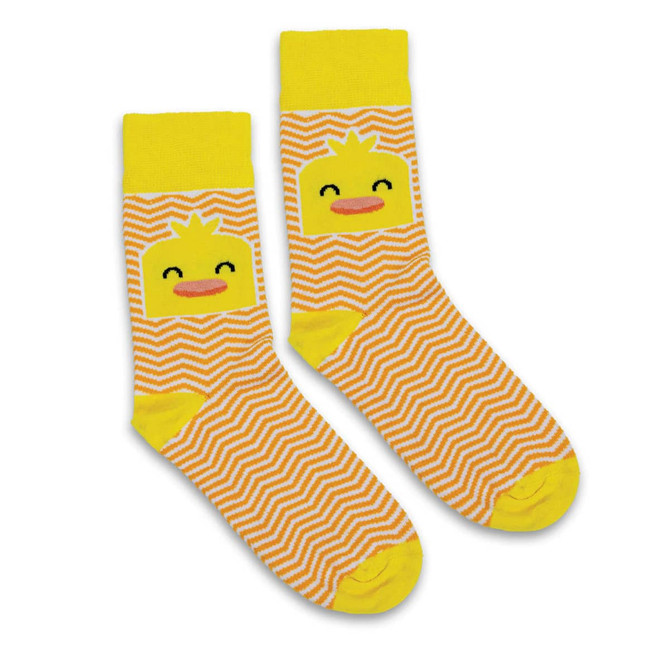 A pair of yellow and orange knitted socks featuring a smiling duck design with a zigzag pattern.
