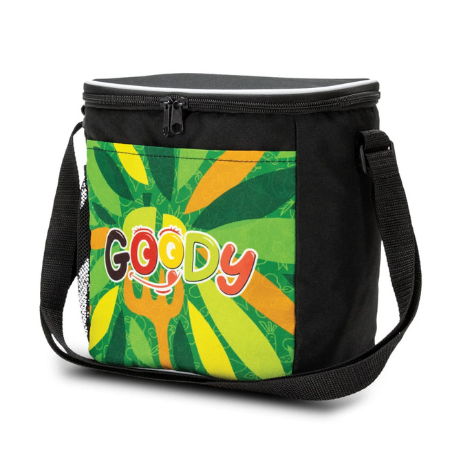 A black cooler bag with a vibrant green and yellow graphic design, featuring a logo on the front.