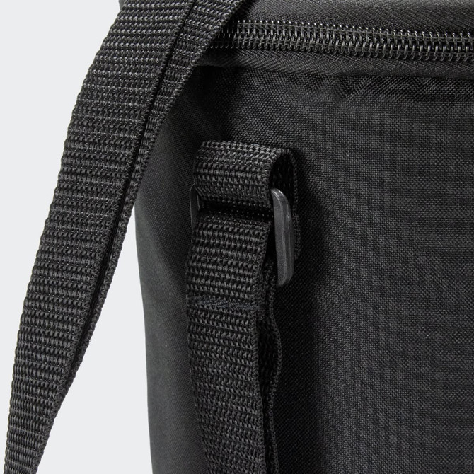 A black lunch cooler bag with a zip closure and adjustable strap detail. It features a logo on the side.