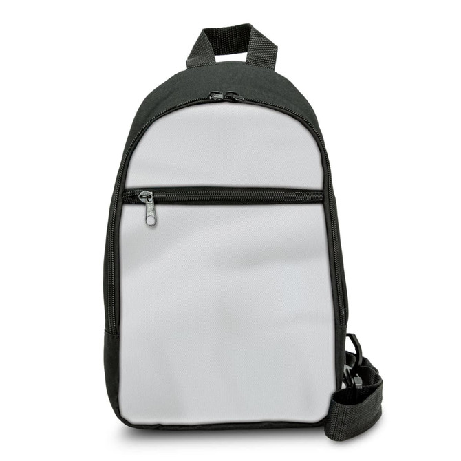 A black crossbody bag with a grey front, featuring a zippered pocket and an adjustable strap.