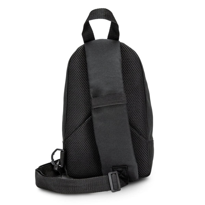 A black crossbody bag featuring a textured mesh back and an adjustable strap. It has a logo on the surface.