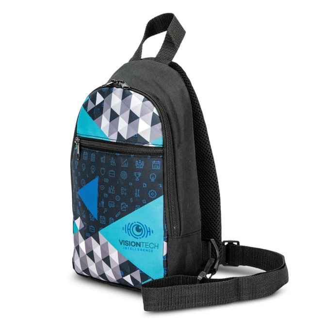 A crossbody bag in black with a blue and grey geometric pattern, featuring a logo on the front.