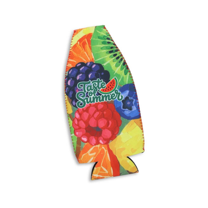 A drink bottle cooler featuring vibrant tropical fruit patterns in bright colours, with a logo included.