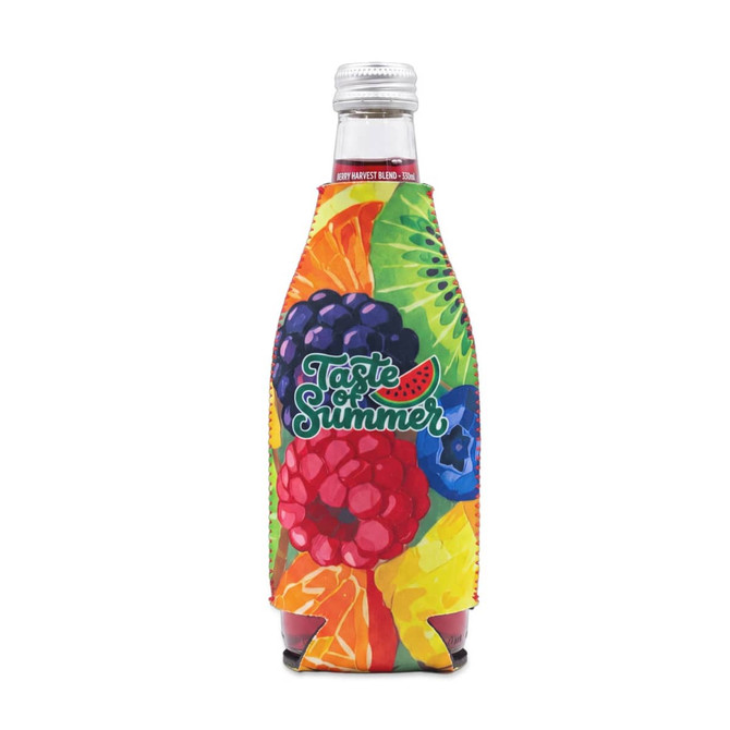 A drink bottle in a colourful cooler featuring tropical fruit designs, predominantly in red, yellow, green, and blue.