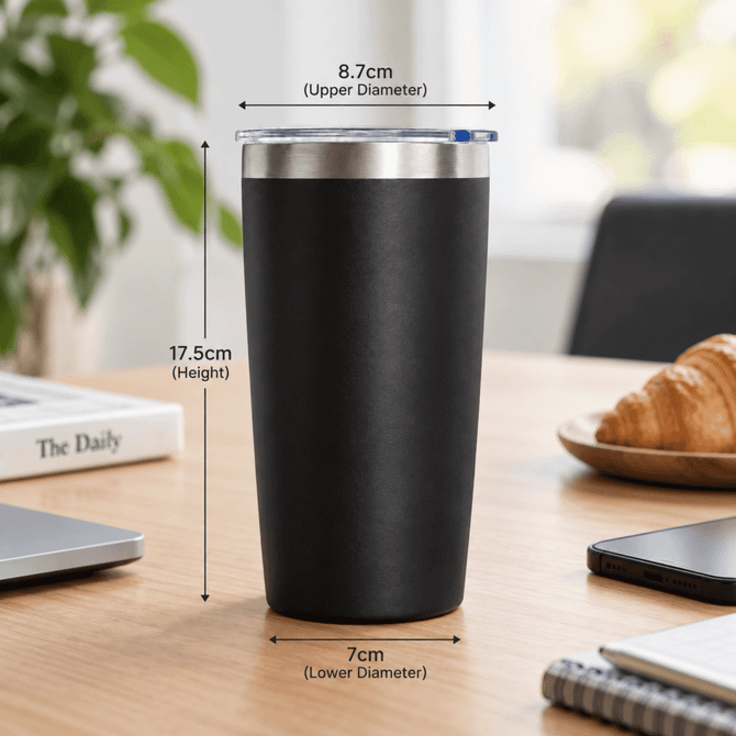 A drink bottle in matte black with a stainless steel lid, featuring dimensions for upper and lower diameters.