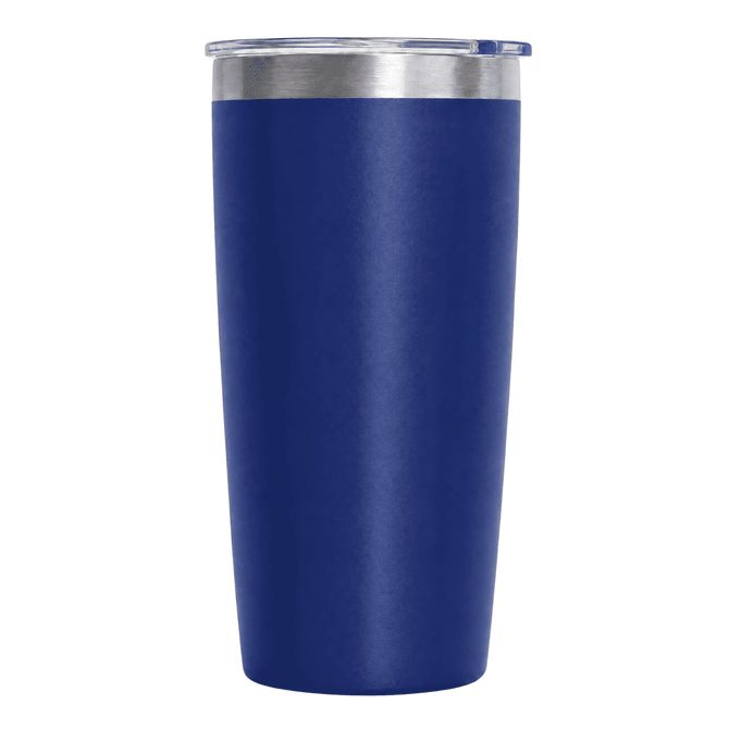 A drink bottle featuring a stainless steel lid and a deep blue matte finish, with a logo on the surface.
